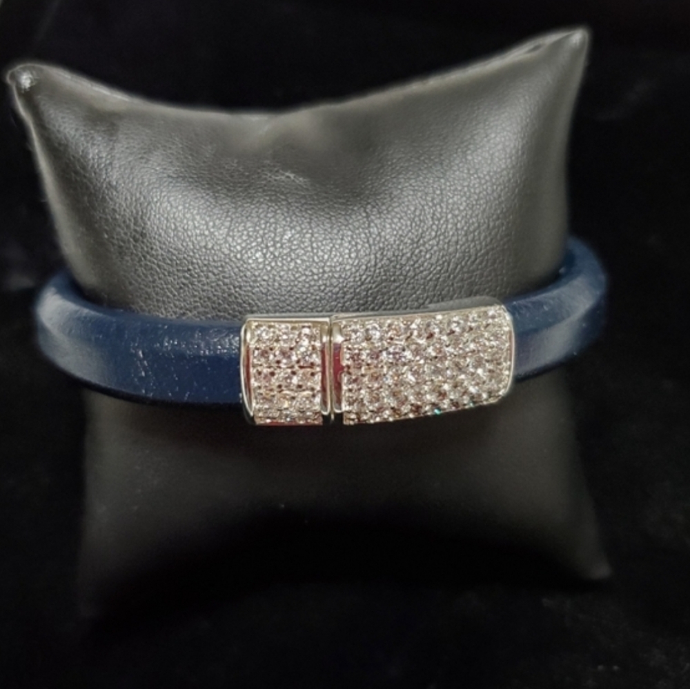 Men's Bracelet Ragaliz Blue Leather w/Strong Crystals and Silver Magnetic Clasp